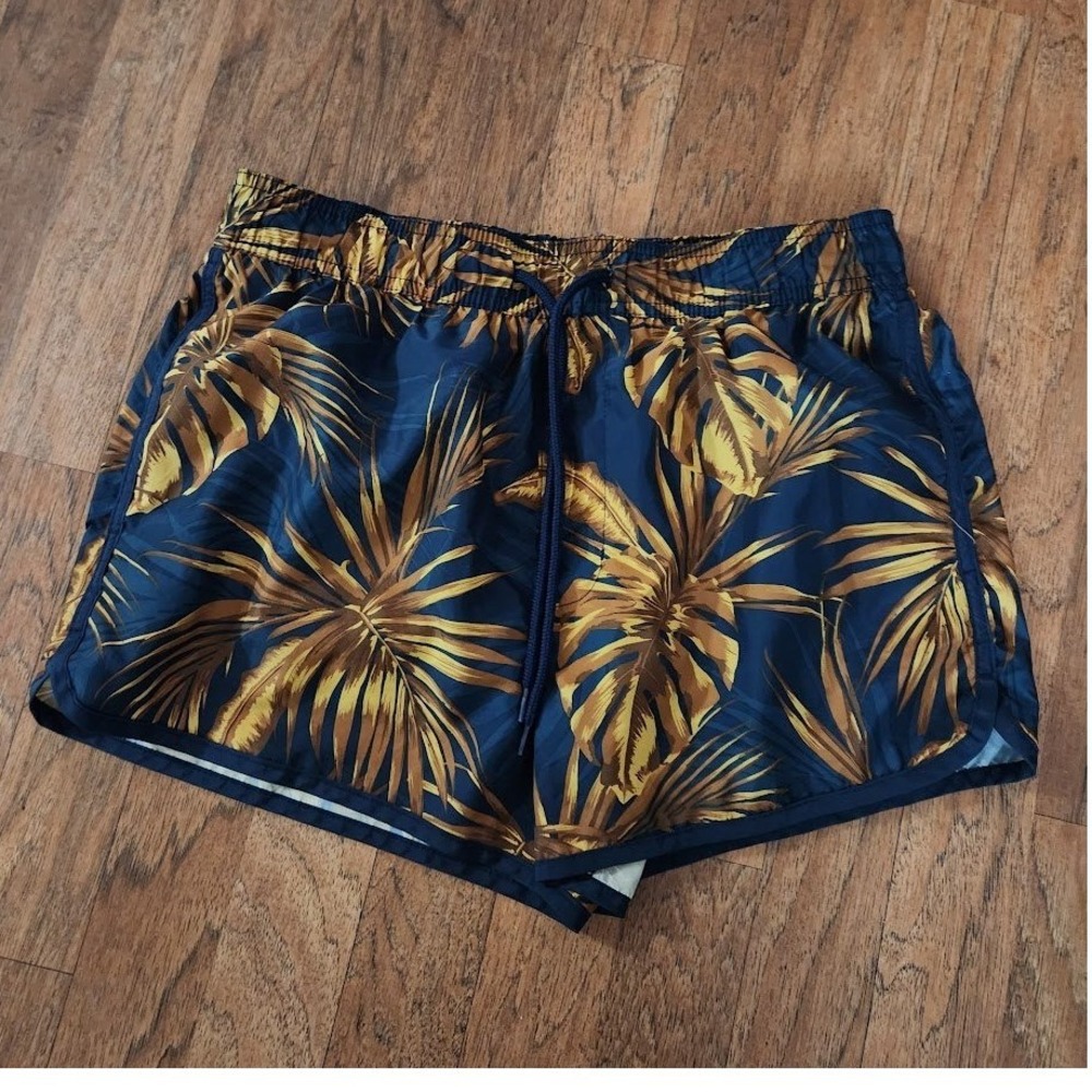 H & M Tropical Palm Leaf Print Swim Shorts Men's Navy Gold Small 28 Waist 153
